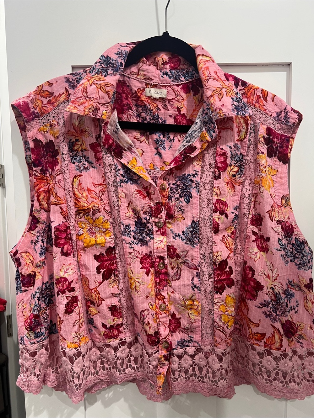 Pilcro Pink Floral Lace-Trim Sleeveless Shirt - Anthropology